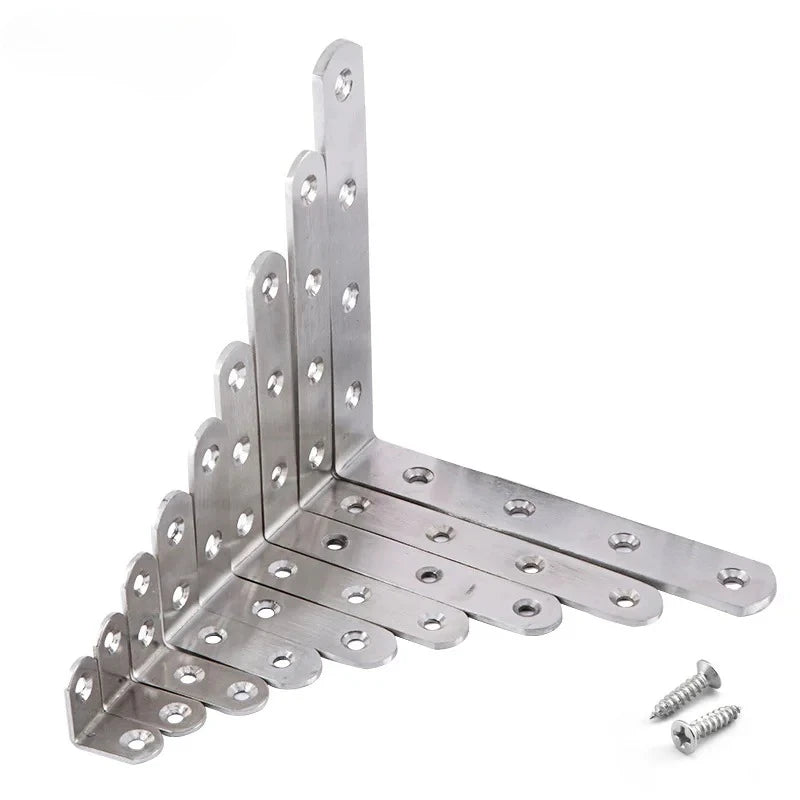 Corner Bracket Connector Brace (Stainless Steel) - 90 Angle Iron Joint Fastener for Furniture Cabinet Screens Shelf Support