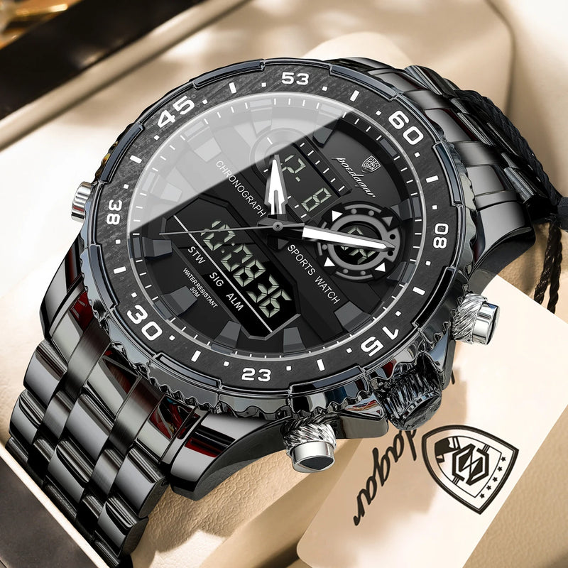 POEDAGAR Top LED Man Clock Waterproof Electronic Luxury Men's Watches Dual Time Display Digital Stainless Steel Men Quartz Watch