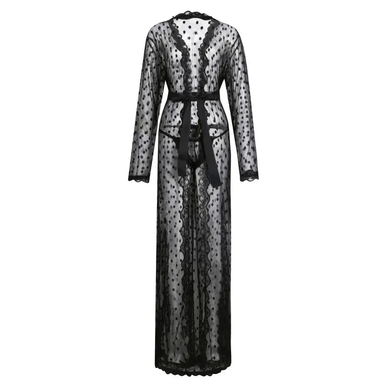 Men Robe Long Sleeves Bathrobe Kimono Mens Pajamas Lace See-through Bathrobe Night Dressing Gown With Jockstrap Thong Set