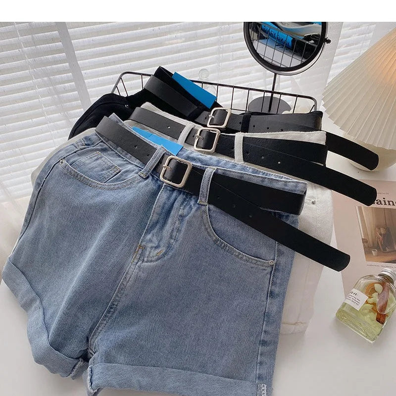 Korean Summer Wide Leg High Waist Denim Shorts With Belt Women Fashion Pocket Hot Pants Streetwear Casual Cowboy Jeans Shorts