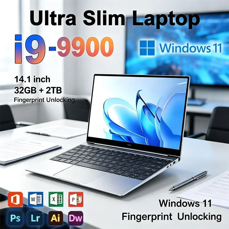 New 14.1" Laptop Intel Core i9-9900 32GB 2TB Gaming PC Ultra Slim Office Study Computer PC Windows 11 Pro 1920*1080 HD