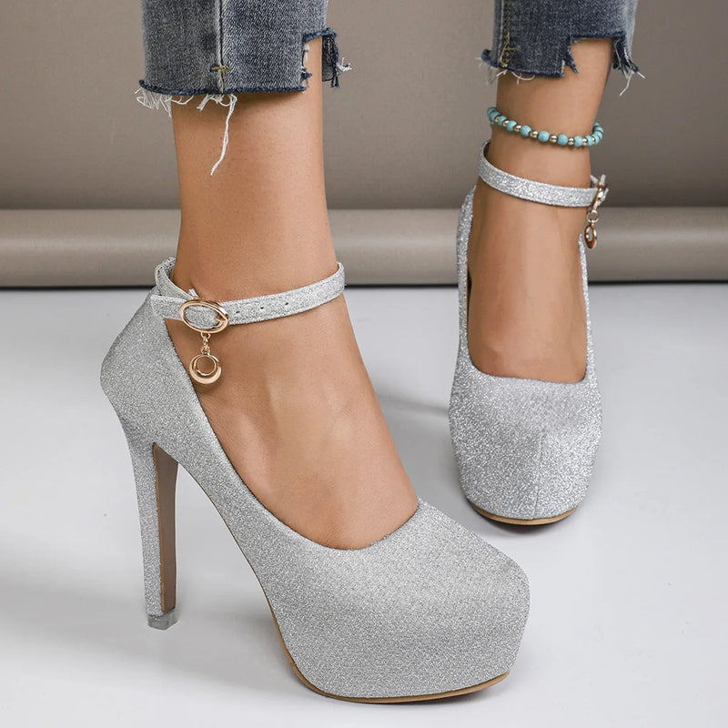 Women's High Heels 2025 New Style Semi-Uppered Thin Heel Waterproof Platform Buckle Fashion Shoes Large Size Strap Shoes
