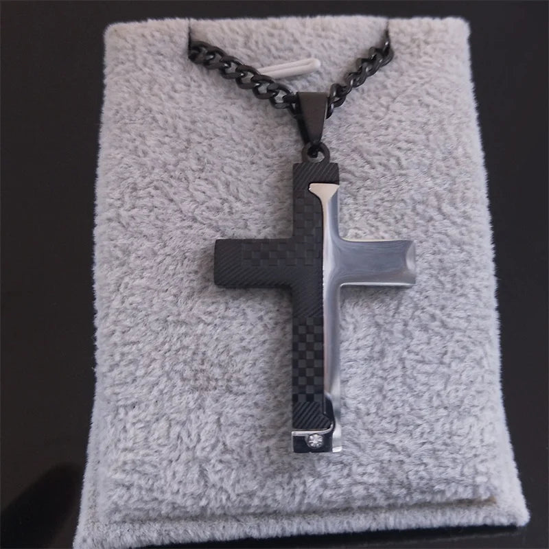 Goth Stainless Steel Cross Pendant Necklace Biker Men Punk Black Silver Color Crucifixion Crystal Necklace Hip Hop Jewelry N6337