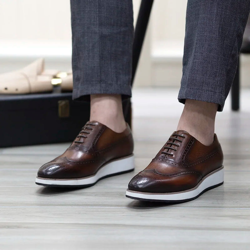 Men's Real Leather Oxford Shoes Classic Wing Tip Toe Lace-Up Handmade Comfortable Casual Sneakers for Business Office