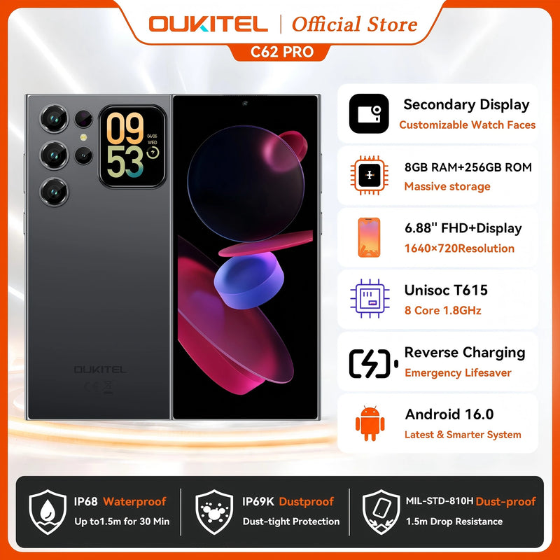 OUKITEL C62 Pro Smartphone Android 15, 6.88" HD+ Display Unisoc T615 Cell Phone, 24GB (8+16) + 256GB, 5150mAh Battery NFC Mobile