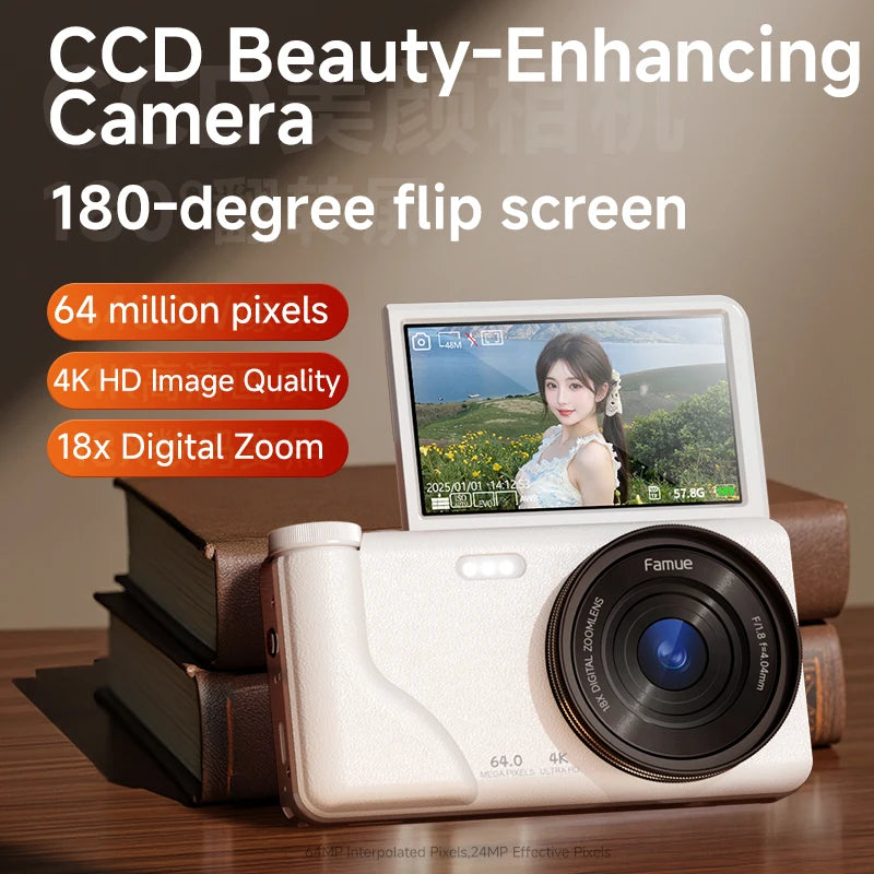 Famue FC02 Digital Camera for Students, 64MP Beauty Selfie Camera with 180° Flip Screen, 18X Zoom, 4K Video HD CCD for Vlogging