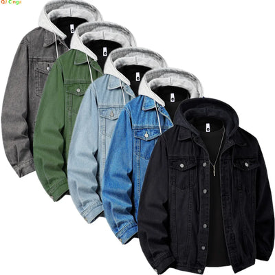 Autumn Men's Green Hooded Denim Jacket, Detachable Hood | SAMAG