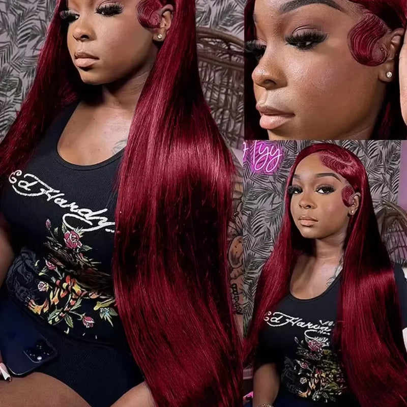 250% Density 32 Inch 99J Burgundy 13x6 HD Lace Front Human Hair Wigs Red Wine Brazilian Straight 13x4 Glueless Lace Frontal Wigs