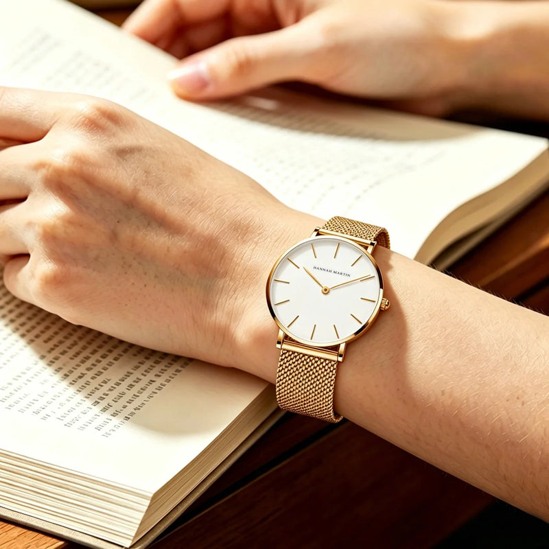 Stainless Steel Mesh Strap Women's Watch 36mm Silver Minimalist Dial Japanese Quartz Movement 6.9mm Slim Clock 3Bar Life Waterproof Local Fast Shipping Hannah Martin Brand Watch