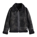Men's Short Biker Style PU Leather Jacket Trendy Flight Coat Flip Collar Fur Lined Fashion Outerwear