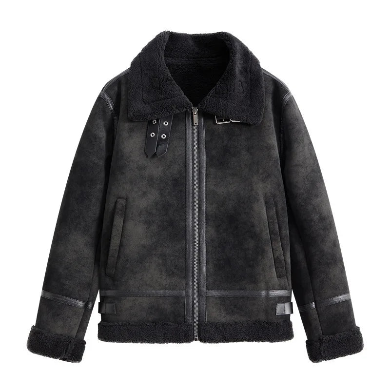 Men's Short Biker Style PU Leather Jacket Trendy Flight Coat Flip Collar Fur Lined Fashion Outerwear