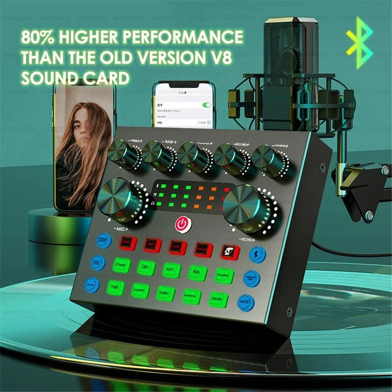 Live Sound Card V8S Audio USB External Sound Card Bluetooth Microphone Mixer Voice Changer Live Streaming Audio Sound Mixer