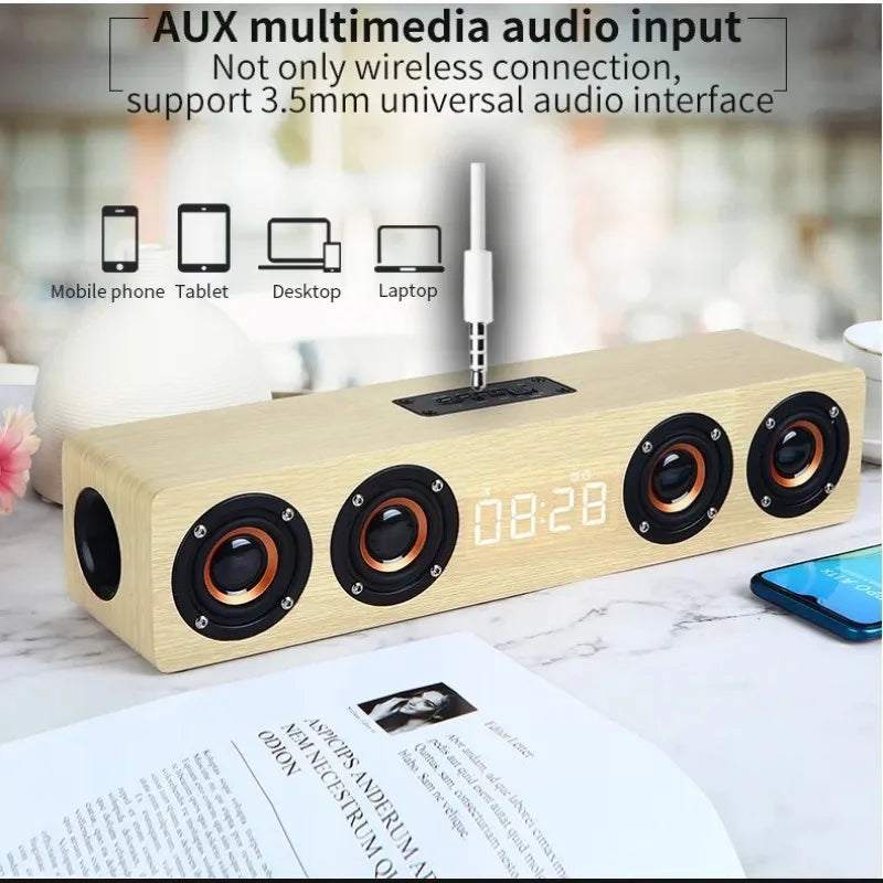 W8C 12W Wooden Bluetooth Speaker With 4 Loudspeakers 52mm Diameter TF Card Playback 3.5mm AUX Audio Input FM Radio Clock & Alarm