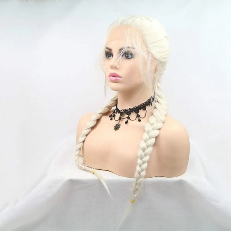 Sylvia Wigs 60#Color Platinum Blonde Lace Front Double Braids Wigs Synthetic Braid Blonde Wigs Add Wave Heat Resistant Fiber