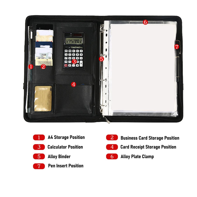 PU Leather Portfolio with Zipper 10 File Pockets 30 Sheets Notebook 4 Rings Binder A4 Document Organizer 10.1 Inch Tablet Cover