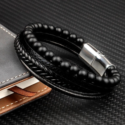 MingAo Charm Men Jewelry Natural Stone Multi - Layer Leather bracelet Black Stainless Steel Magnetic Clasp Tiger eye | SAMAG