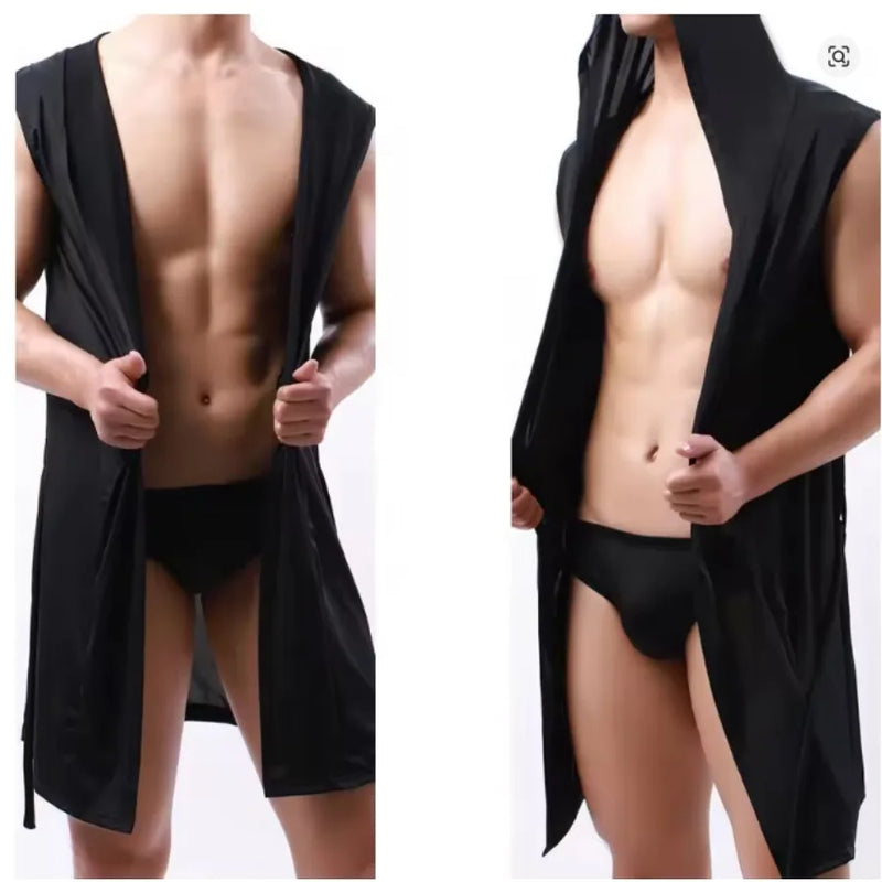 Men Hooded Bathrobes Summer Sleeveless Homewear Silk Pajamas Bathrobe Mens Robes Sleepwear Kimono Dressing Gown with Hood