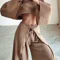 Fashion Flare Sleeve Hollow 2pcs Women Casual Solid Cotton Linen Suit Y2k Summer O Neck Crop Top+Lace-up Ruffle Pants Outfit