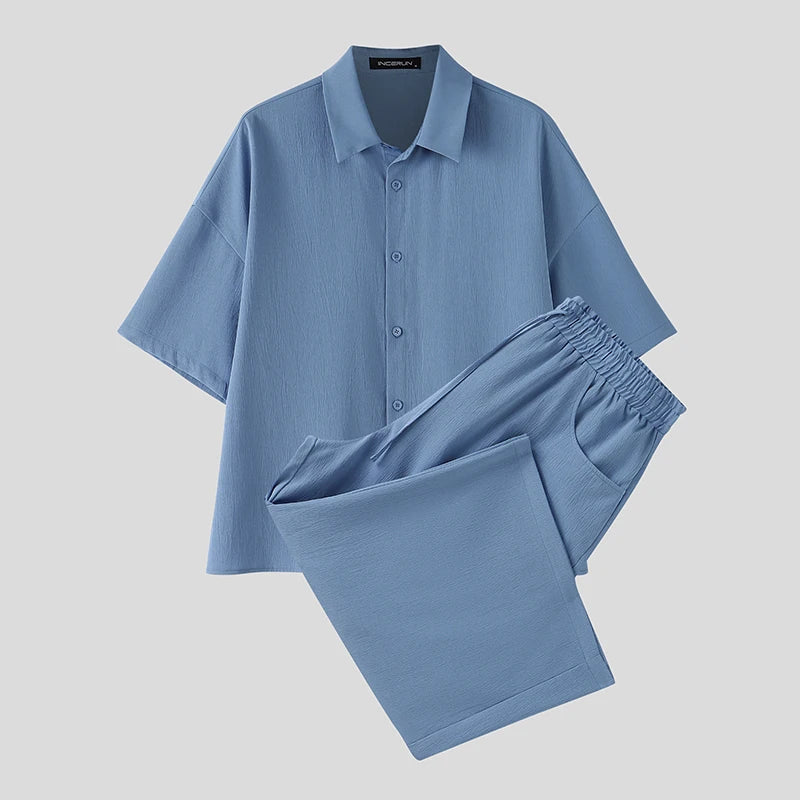 INCERUN Men's Sets Solid Lapel Short Sleeve Shirt Pants | SAMAG