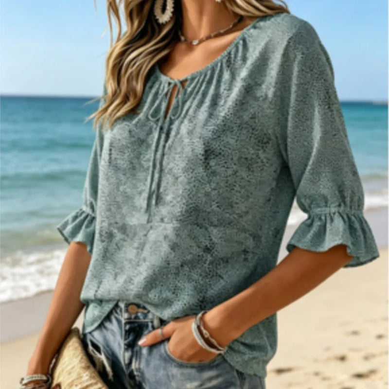 Women's Sage Tiny Dot All Over Print Tie V Neck Blouse Ruffle Cuff Lightweight Casual Shirt