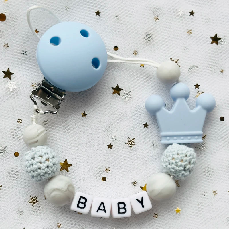 Free Custom Personalized Name Pacifier Clips Handmade Beech Wood Chain Silicone Crown Holder Soother Baby Teething Toy Chew Gift
