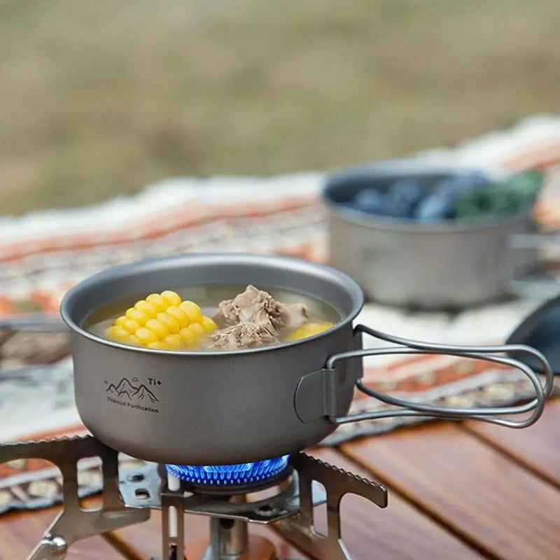 Titanium Coated Camping Pot with Foldable Handle,Lightweight Stainless Steel Outdoor Cookware Portable Hiking Cooking Bowl