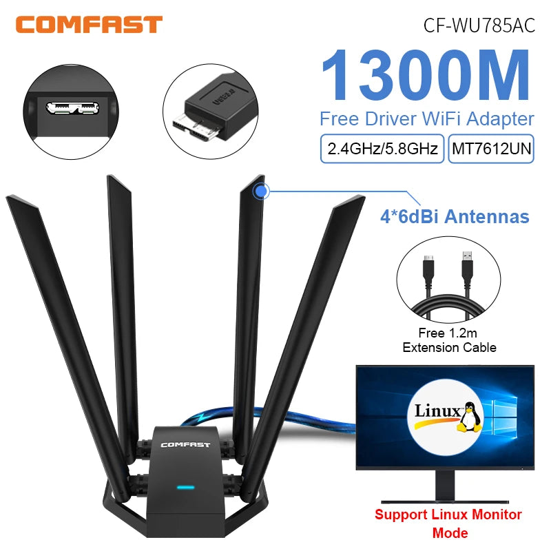 COMFAST 1200M MT7612U USB WiFi Dual Band 5G/ 2.4G Adapter Antenna Dongle LAN Adaptador Windows /Linux - Visuel 7 | SAMAG