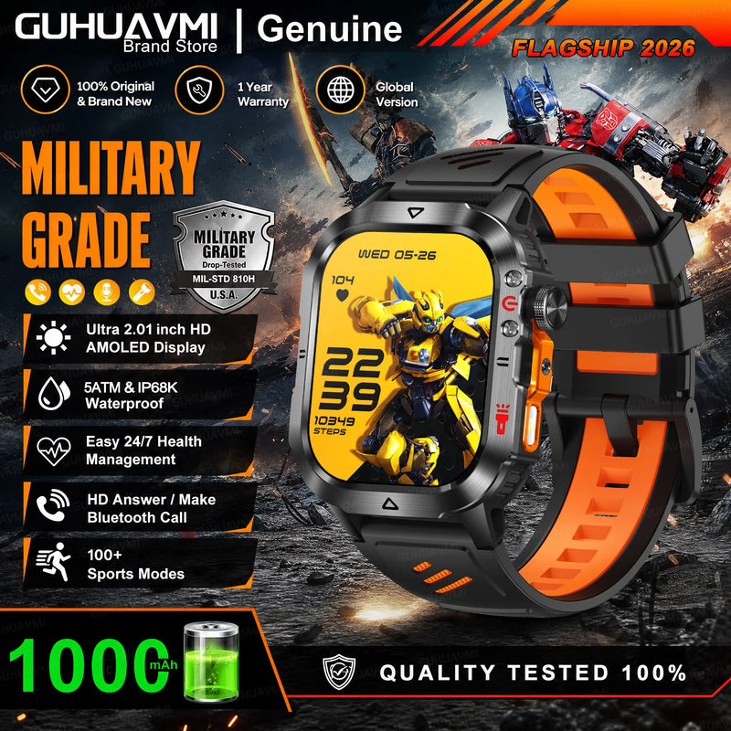 New Bumblebee Military Smart Watch 1000mAh Bluetooth Call LED Flashlight BP Monitor 100+Sports 5ATM Waterproof For iOS Android