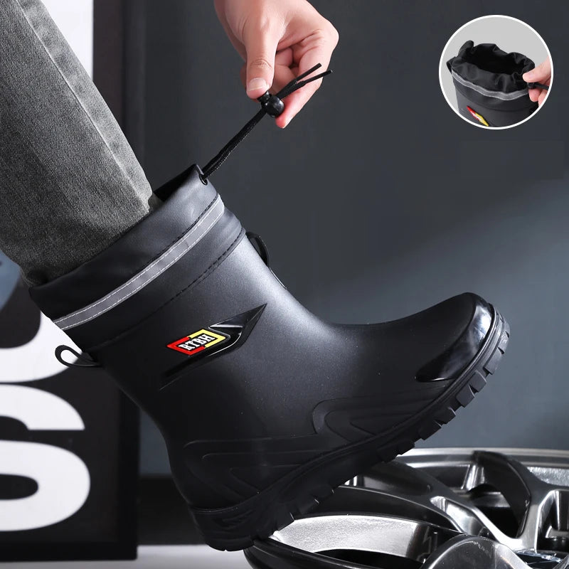 Outdoor Work British Style Anti Slip Waterproof Drawstring Drum Mouth Four Season Universal Men's Rain Boots
