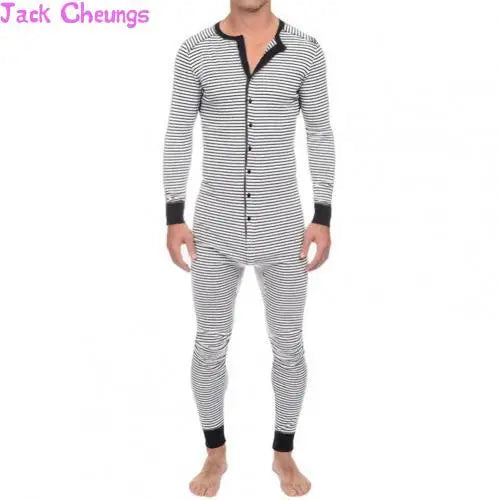 Men Skinny Striped Jumpsuit 2021 Long Sleeve O Neck Buttons Romper Sleepwear Overall Homewear Pajamas Sets Underwear