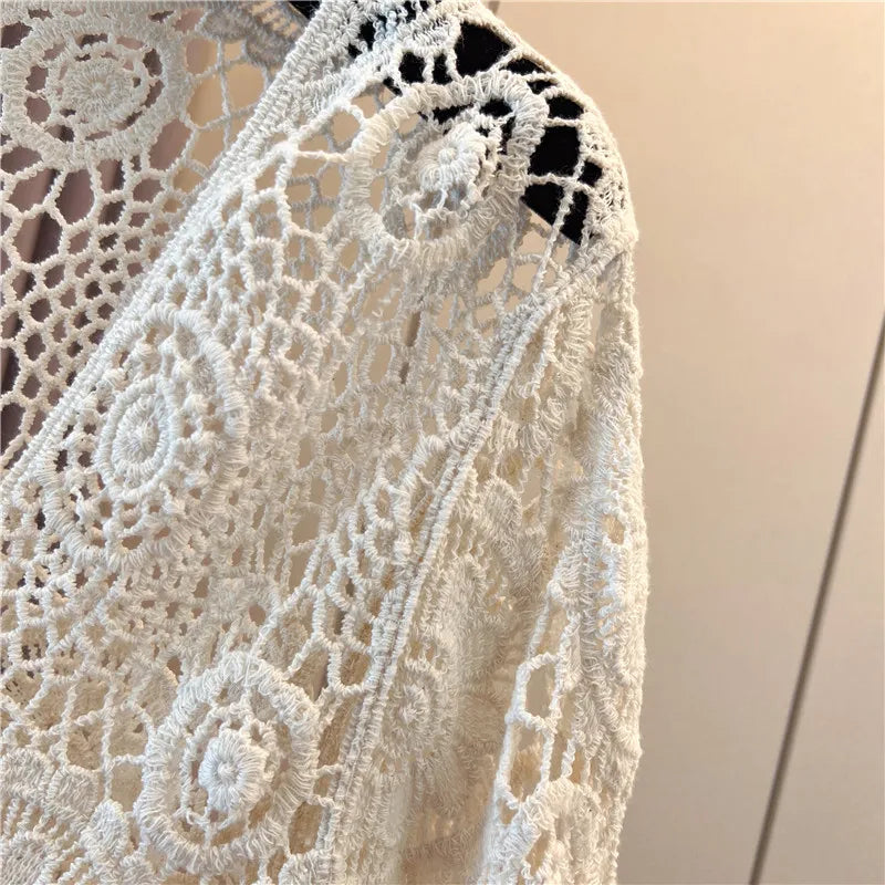 Boho Crochet Cardigan Women Flare Sleeve Tie Front Floral Open-knit Blouse Cardi Beach Bikini Cover Up Bolero Vacation Outfit