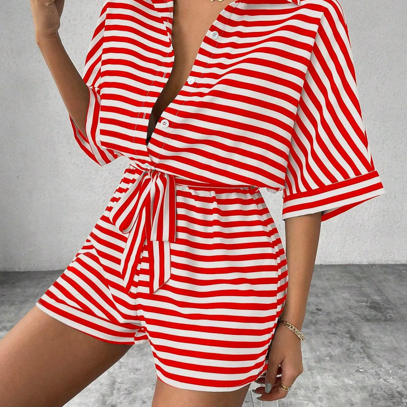 Summer New Set For Women's Casual Loose Comfortable Outfit Fashion Striped Batwing Sleeve Shirt Top+ Shorts 2-piece Sets Woman