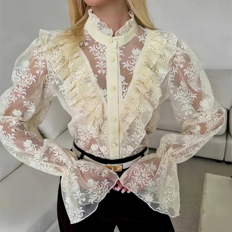 Tossy Lace Ruffled Printed Shirts Female See - Through - View 9 | SAMAG
