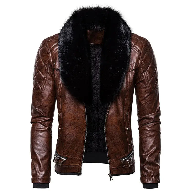 New Winter Fleece Motorcycle Leather Jacket Men Turn Down Fur Collar Slim Fit Warm PU Bomber Jackets Coats Mens Moto Biker Coat