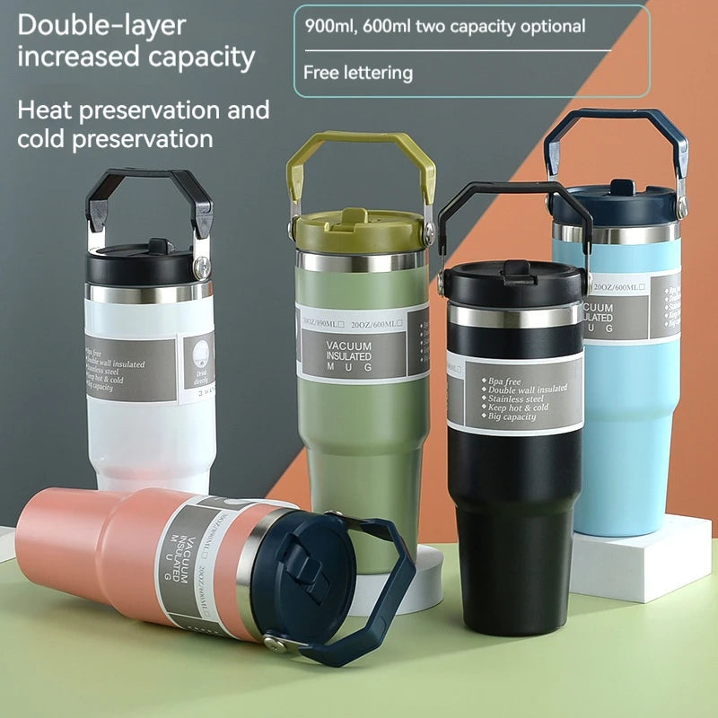600/890ML Thermos Mug With Straw Stainless Steel Car Insulated Flask Water Tumbler for Outdoor Keeps Cold and Heat Thermal Mug