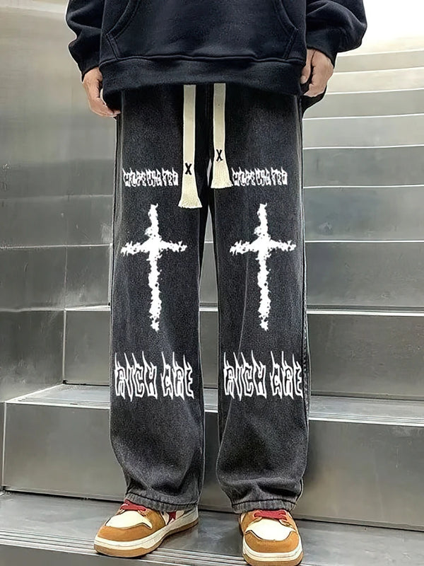 Printed Black Baggy Jeans Pants Men Straight Oversize | SAMAG