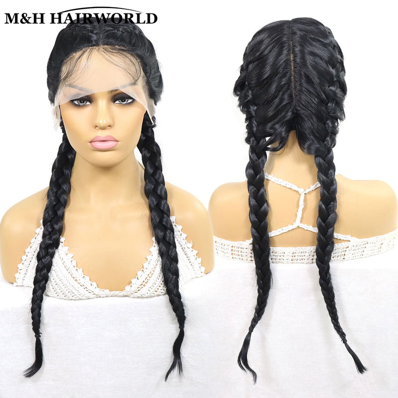 Half Red Half Black Colored Lace Front Braided Wigs For Women 26 Inch Long Synthetic Double Dutch Box Braids Wig With Baby Hair
