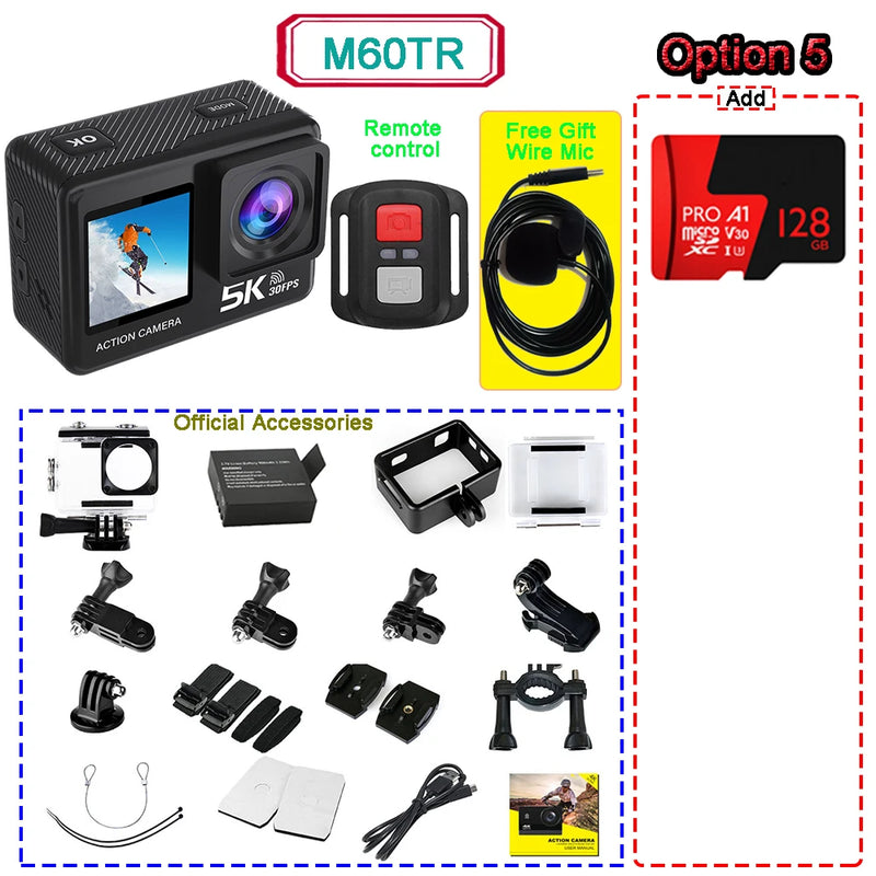 Action Camera 5K 4K60FPS  50MP 2" Touch Dual Screen 5X Zoom Wi-Fi EIS  170° DVR Webcam Wireless Mic 30M Waterproof Sport Camera