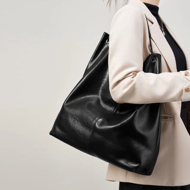 BURMINSA Luxury Genuine Leather Handbags Large Slouchy Hobo Shoulder Bags For Women Cowhide Shopping Tote Business Work Purses