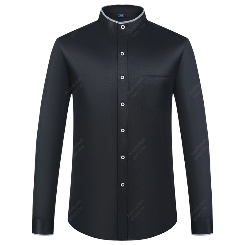 Men's Banded Collar Dress Shirts Long Sleeve Button Down Mandarin Versatile Solid with Pocket - View 11 | SAMAG
