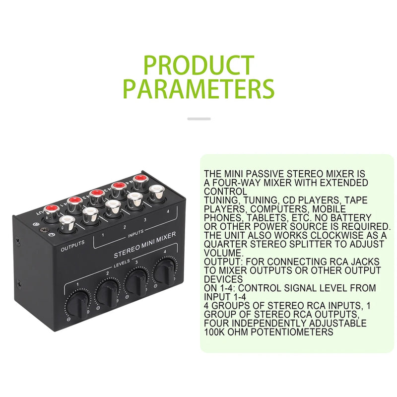 4-Channel Small Audio Mixer Stereo Dispenser Headphone Amplifier for Live Studio DJ CX400 Mini Passive Stereo Mixer RCA