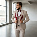 3 Pieces Men's Slim Fit Wedding Tuxedo Beige Groom Prom Dinner Blazer Vest Pants Set Classic Business Formal Suit for Men