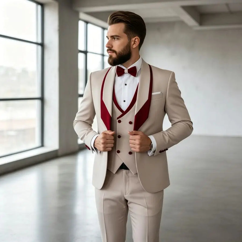 3 Pieces Men's Slim Fit Wedding Tuxedo Beige Groom Prom Dinner Blazer Vest Pants Set Classic Business Formal Suit for Men