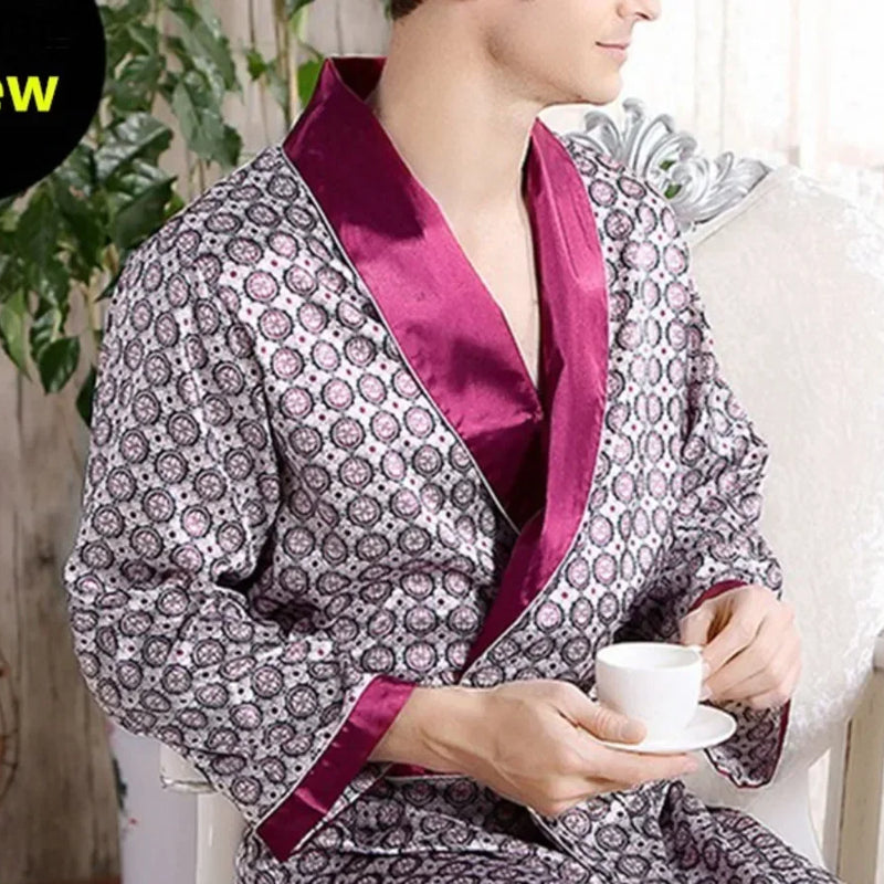 4XL 5XL Men's Luxury Pajamas Robes Silk Kimono Robe Long Sleeve Bathrobe Satin Nightgown Male Summer Home Clothing Oversize