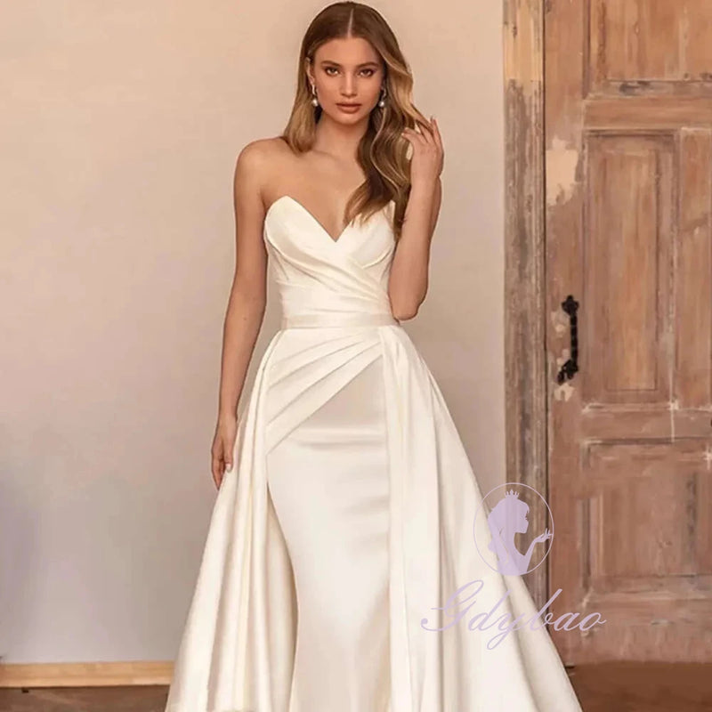 Ivory Satin Evening Dress Women Off Shoulder Pleated | SAMAG
