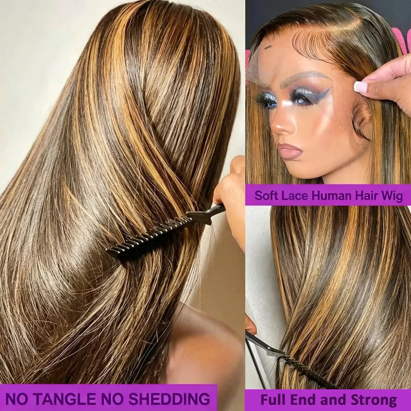 13x6 Extra Wide HD Lace P4/27 Highlight Straight Wig 200% High Density Silky Long Hair 13x4 Optional 16-40 Inch Pre Plucked Natural Hairline Glueless Wig
