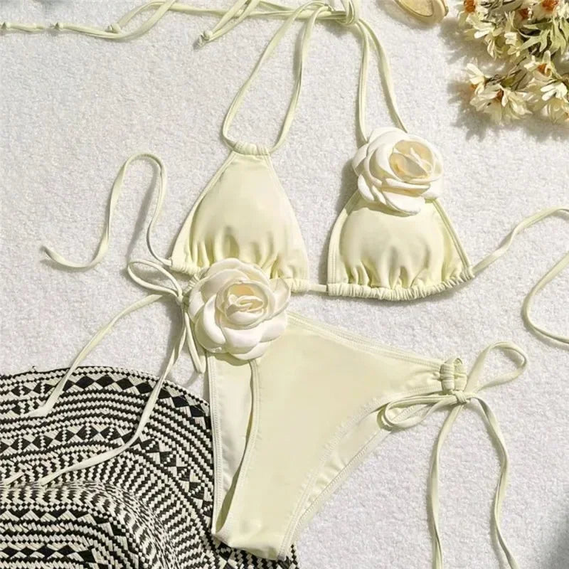 Sexy Flower Bandeau Swimwear Thong Bikini Women Lace-up | SAMAG