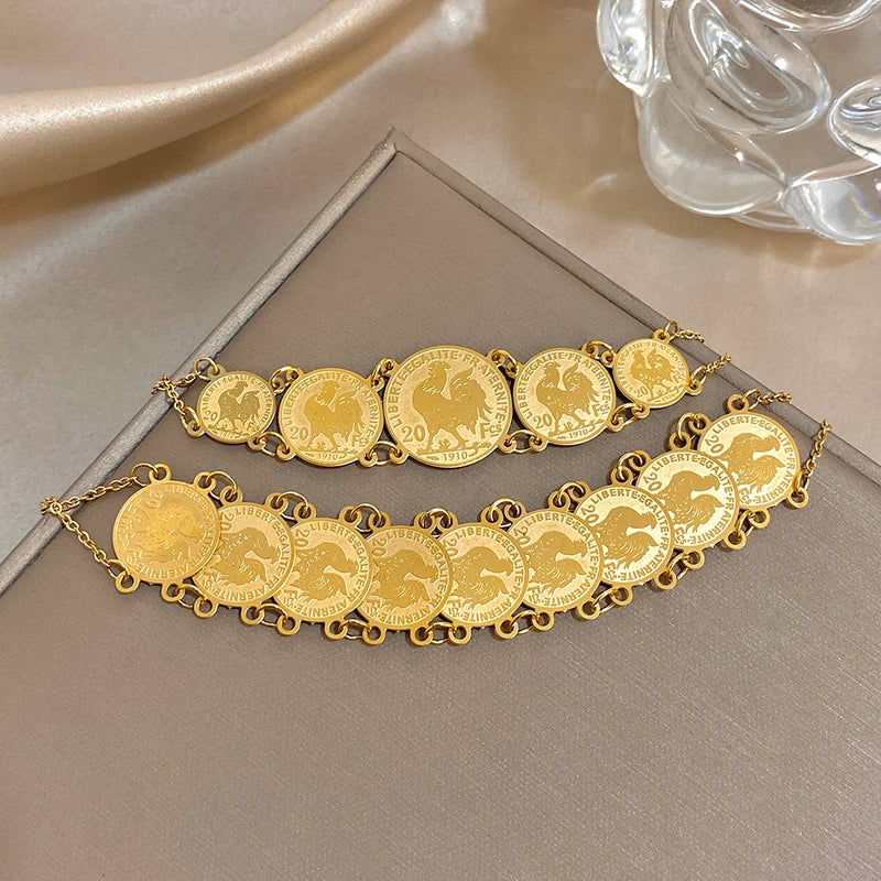 Vintage Gold Plated Stainless Steel Coins Wrist Bracelet for Women Men Classic Ethnic Cuff Bracelets Waterproof Jewelry