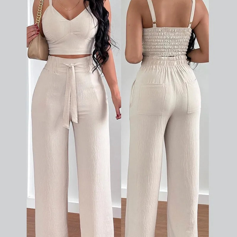 Women's Two Piece Sets Fashion Print Halter V-Neck Short Tank Suit Tops Long Pants Matching Set Summer Casual Female Slim Pants