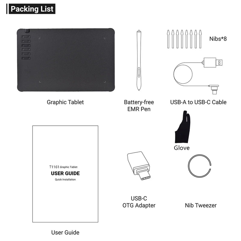 T1161 Graphics Tablet for Drawing, Ultra-thin Art Sketch Digital Pad with Battery-free Stylus 8 Pen Nibs 8192 Levels Pressure